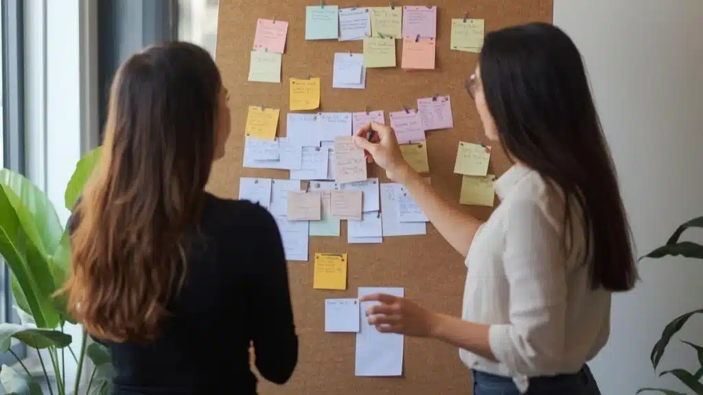 brainstorming avec post-its pour trouver le nom de boutique en ligne
