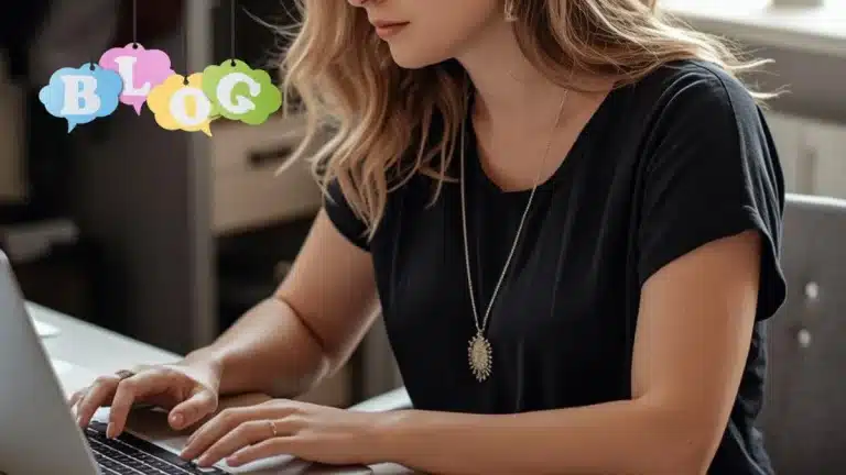 femme qui écrit un article de blog professionnel